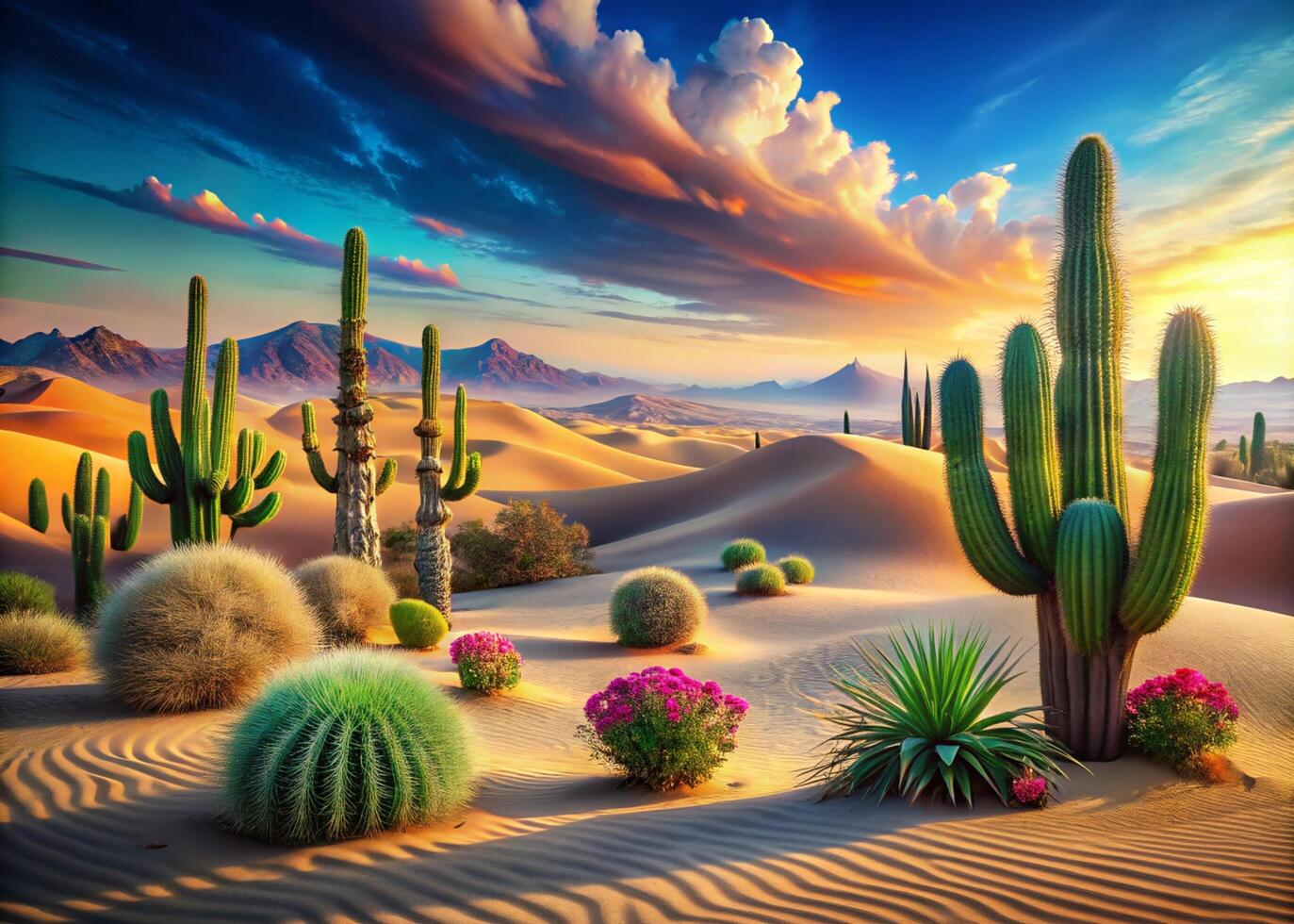 Majestic desert landscape with tall cacti, colorful flowers, golden sand dunes, and vibrant sunset sky wallpaper background. photo