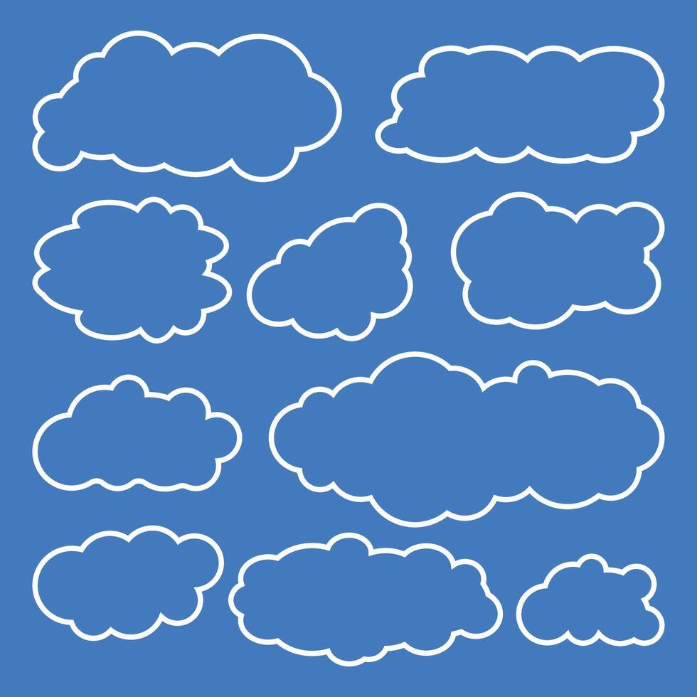 Abstract white cloudy set isolated on blue background. vector