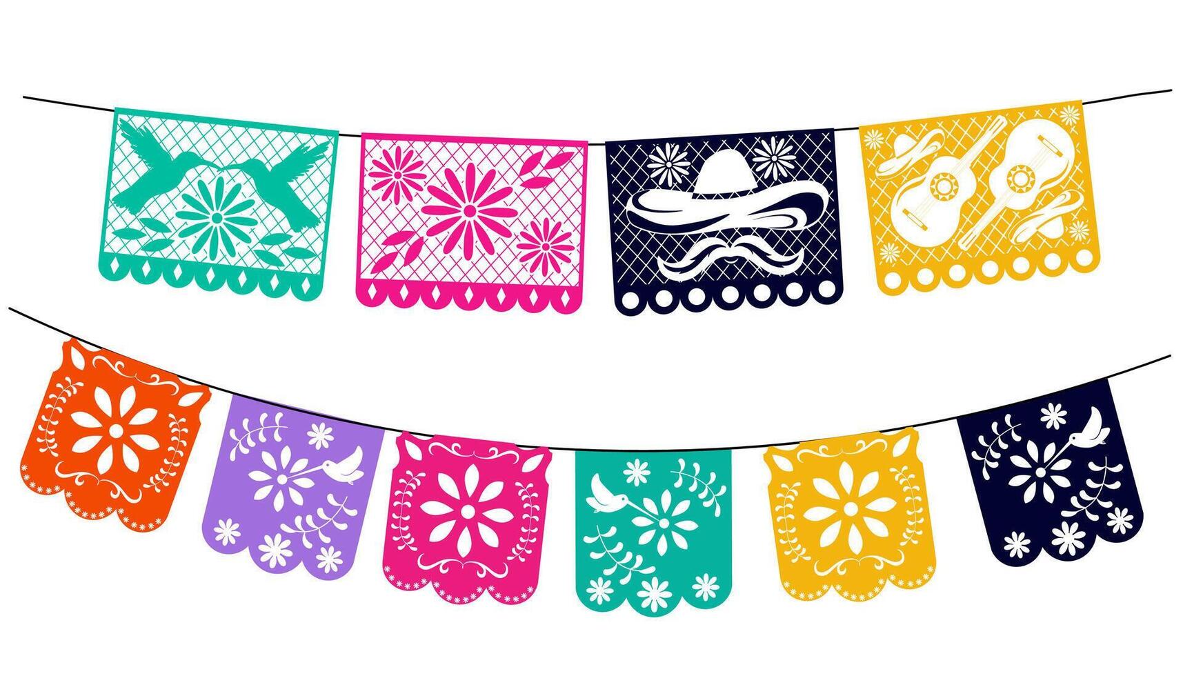Mexican papel picado paper cut holiday flags and banners. Day of the Dead, Dia De Los Muertos and Cinco de Mayo flags with. vector