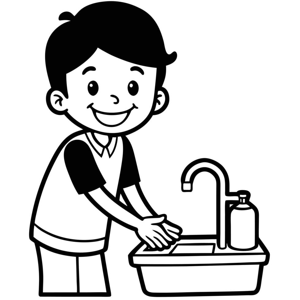Black and White Drawing of a Boy Washing Hands. vector