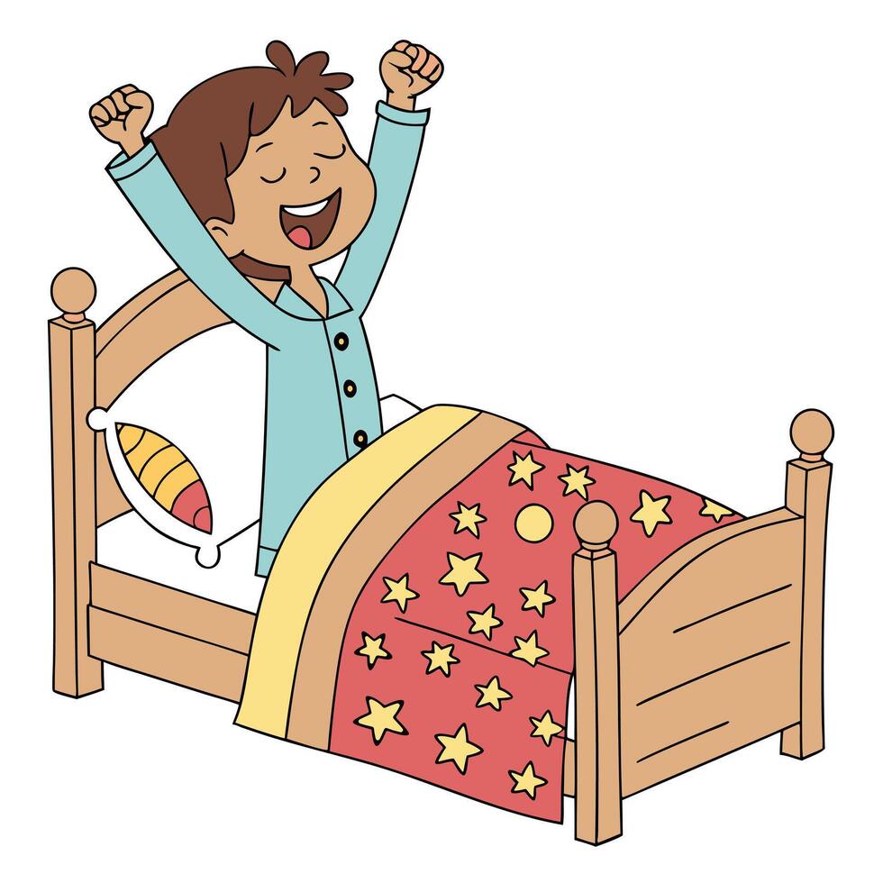 Happy Morning Scene Young Boy in Wooden Bed Cartoon. vector