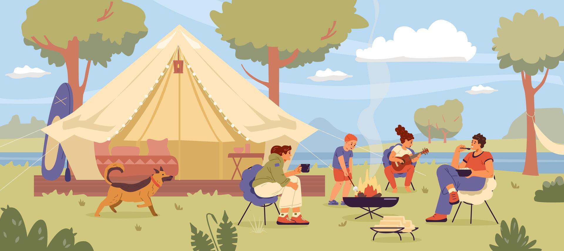 Family with two children and a dog at campsite sitting near bonfire flat illustration. Summertime camping scene. vector
