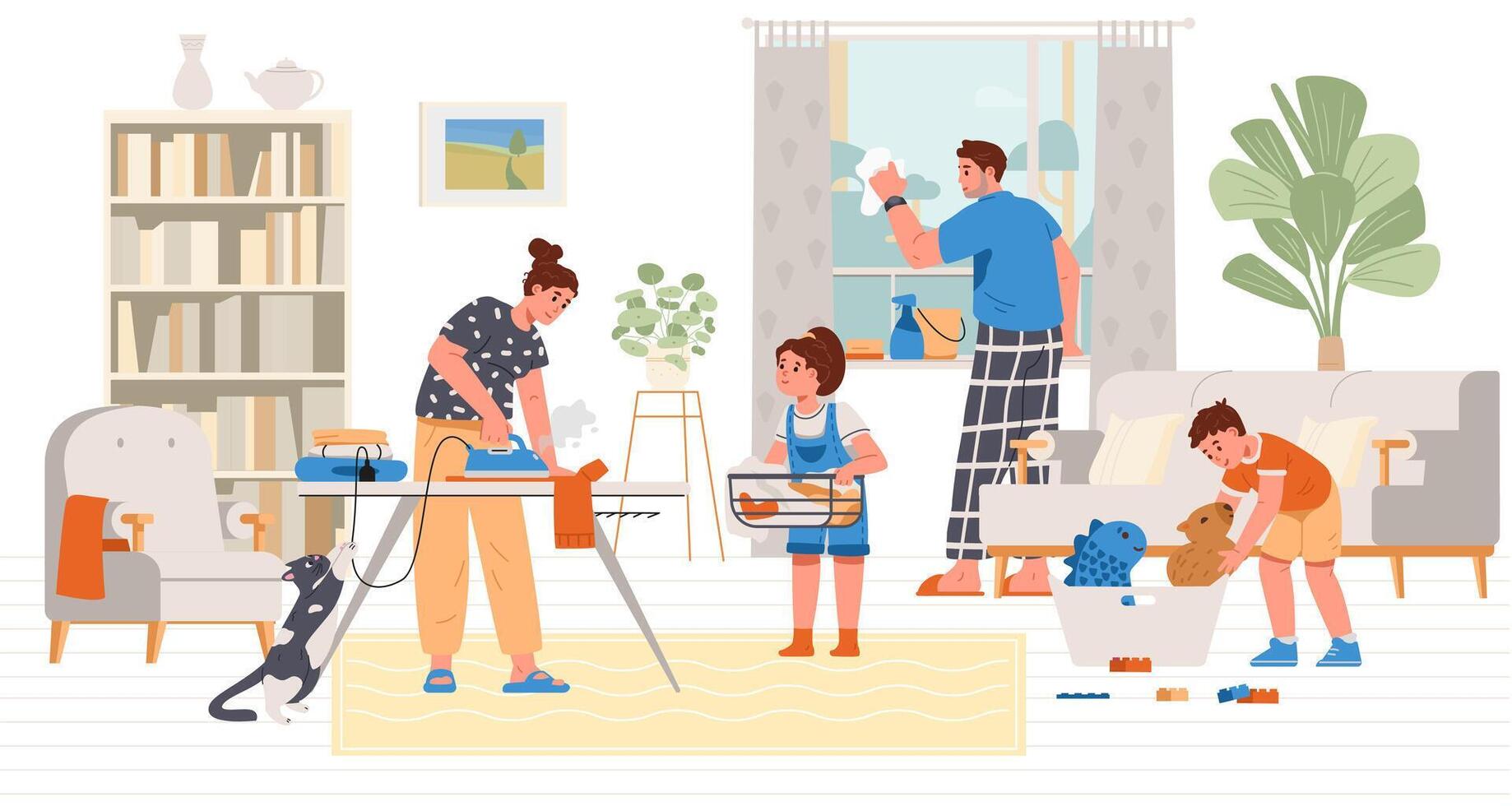Family with two kids cleaning the living room flat illustration. Family doing house chores together. vector