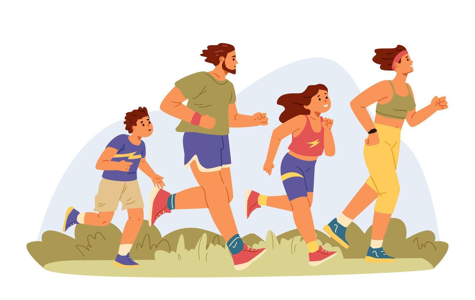 Family parents with children running falt illustration isolated on white. vector