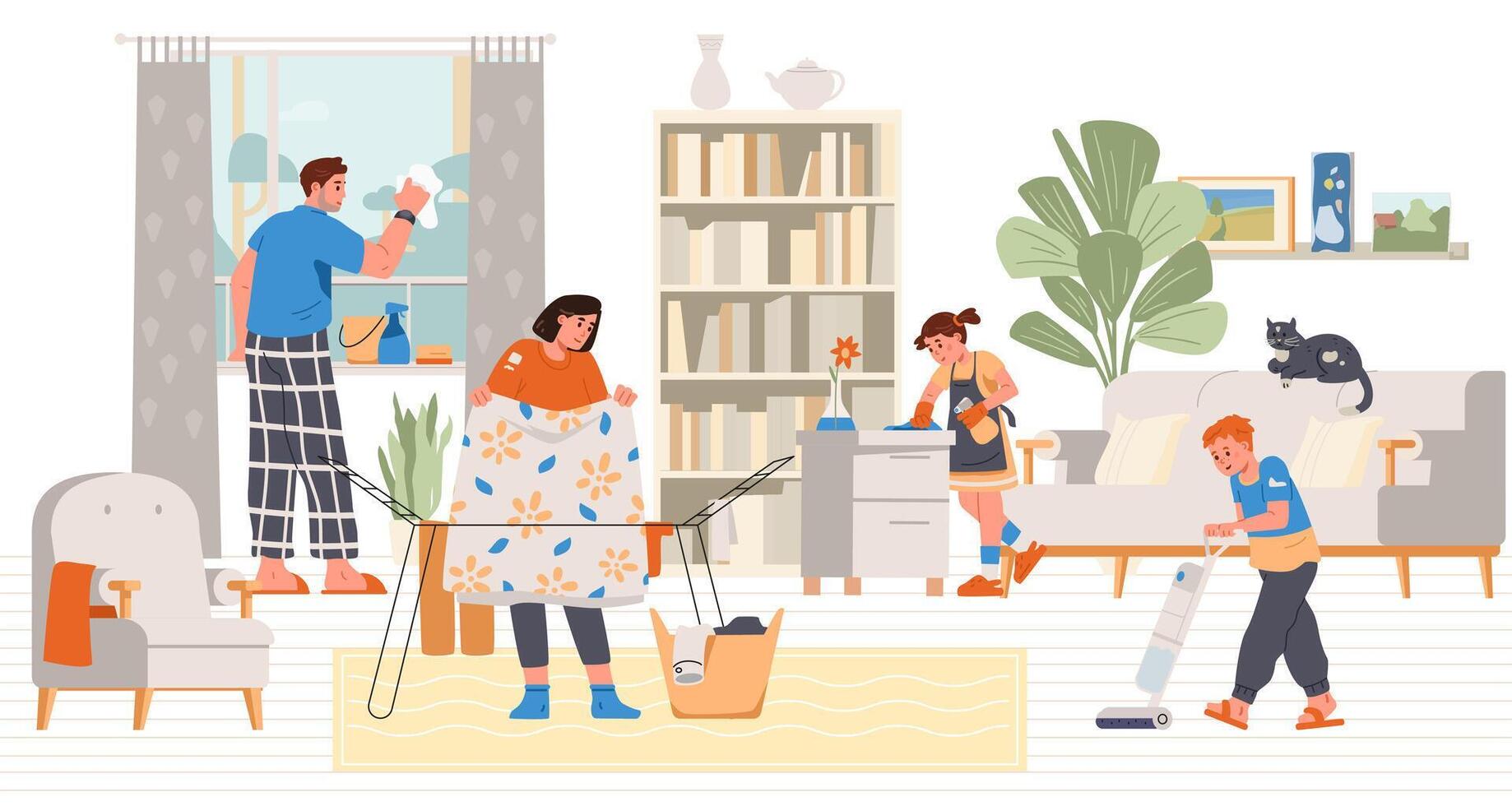 Family cleaning the living room flat illustration. Family doing house chores together. vector
