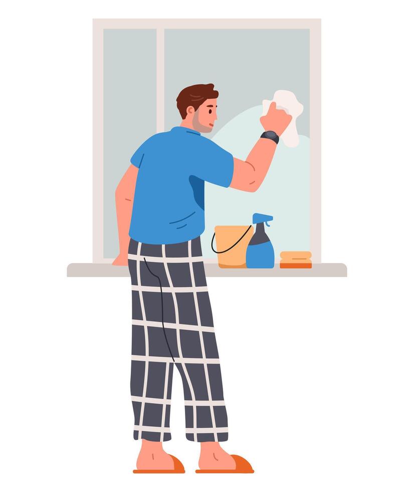 Man washing the window flat illustration isolated on white. House chores. vector
