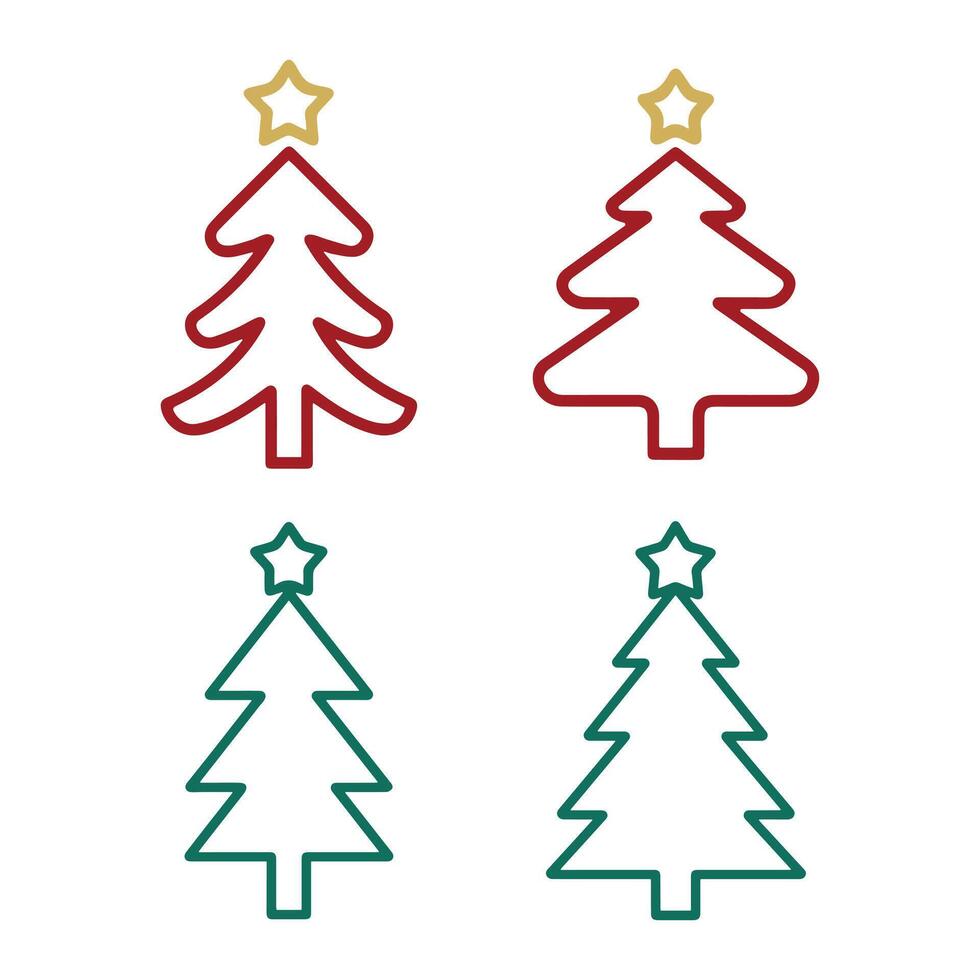 Minimalist Christmas Tree Line Art in Red and Green with Gold Star vector