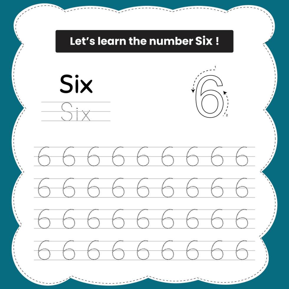6 number tracing practice worksheet vector