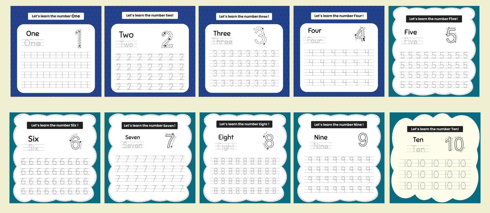 flat design number tracing counting flashcard printable for kids fun learning vector