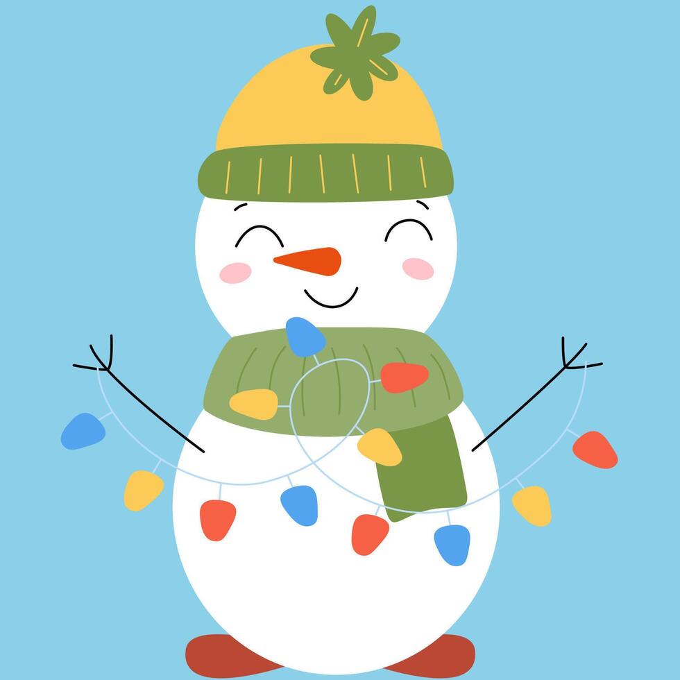 Christmas cute snowmen in hat and scarf with garland. New year illustration vector