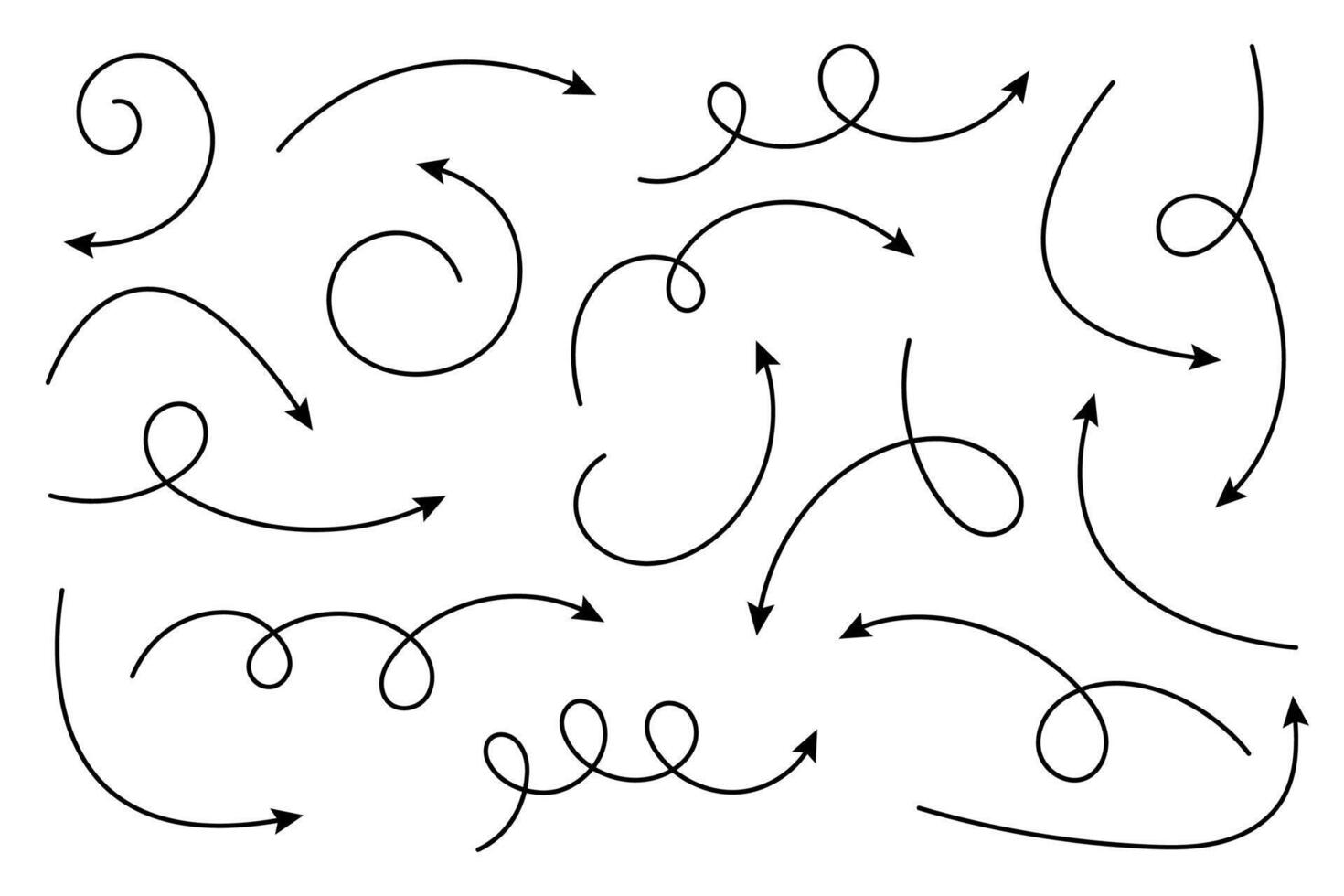 Collection of curve arrows. Set simple curved hand drawn arrows. vector