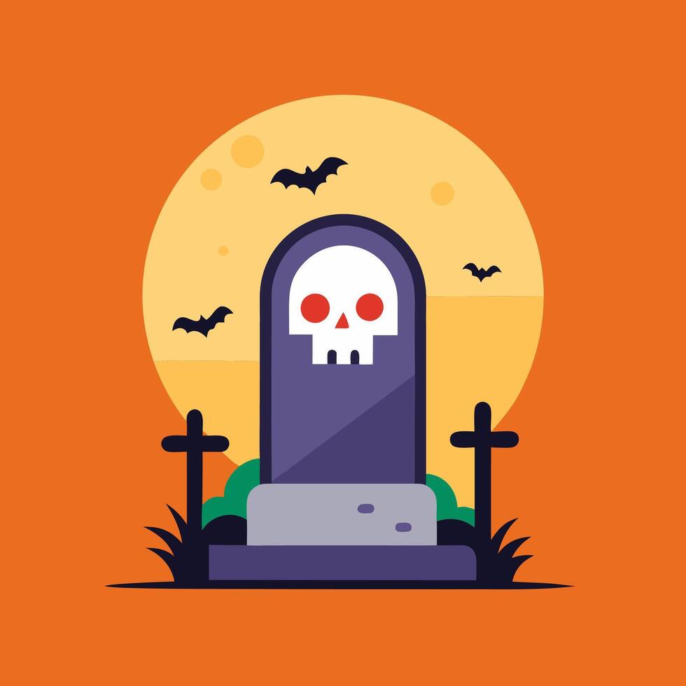 Halloween illustration with skull tombstone and bats vector