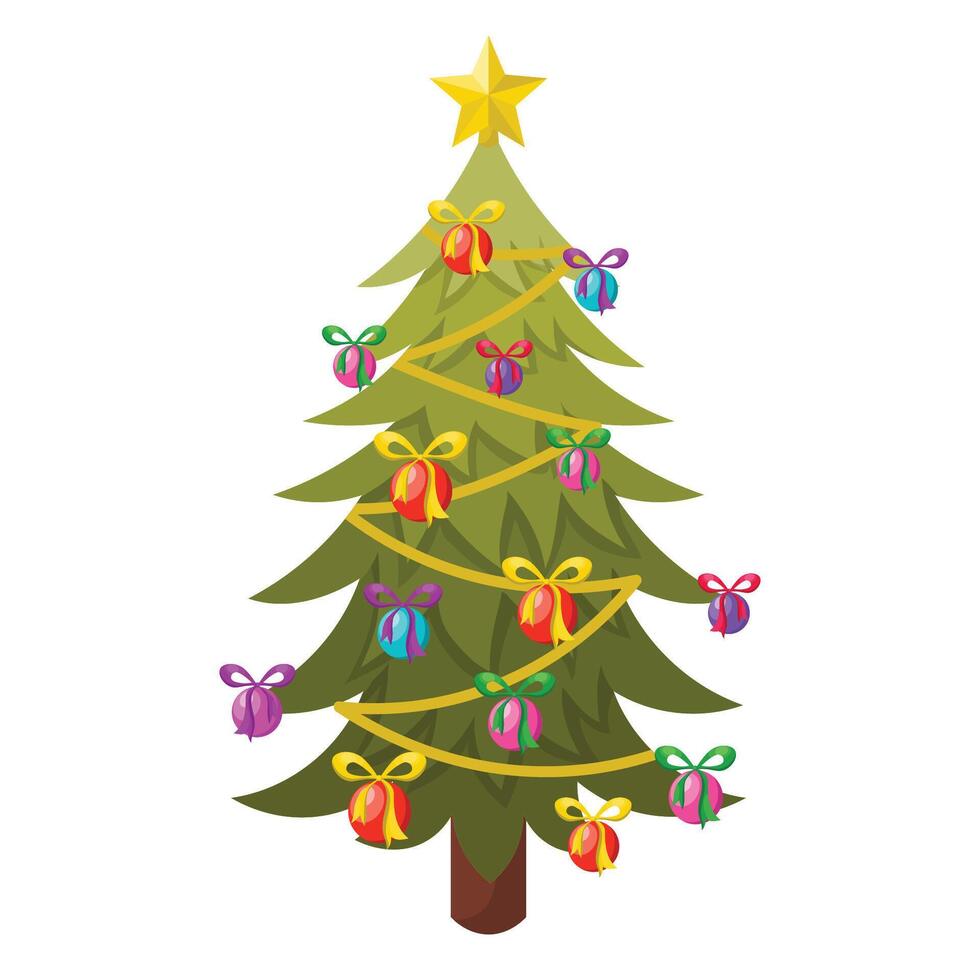 Cute colorful decorated Christmas tree in cartoon flat style. Happy New Year spruce tree. vector
