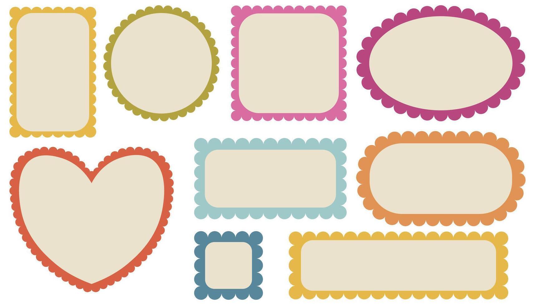 Colorful Frames with Corrugated Edges Isolated on White. Simple Badges with Zig Zag Borders. Wiggly Stickers Shapes vector