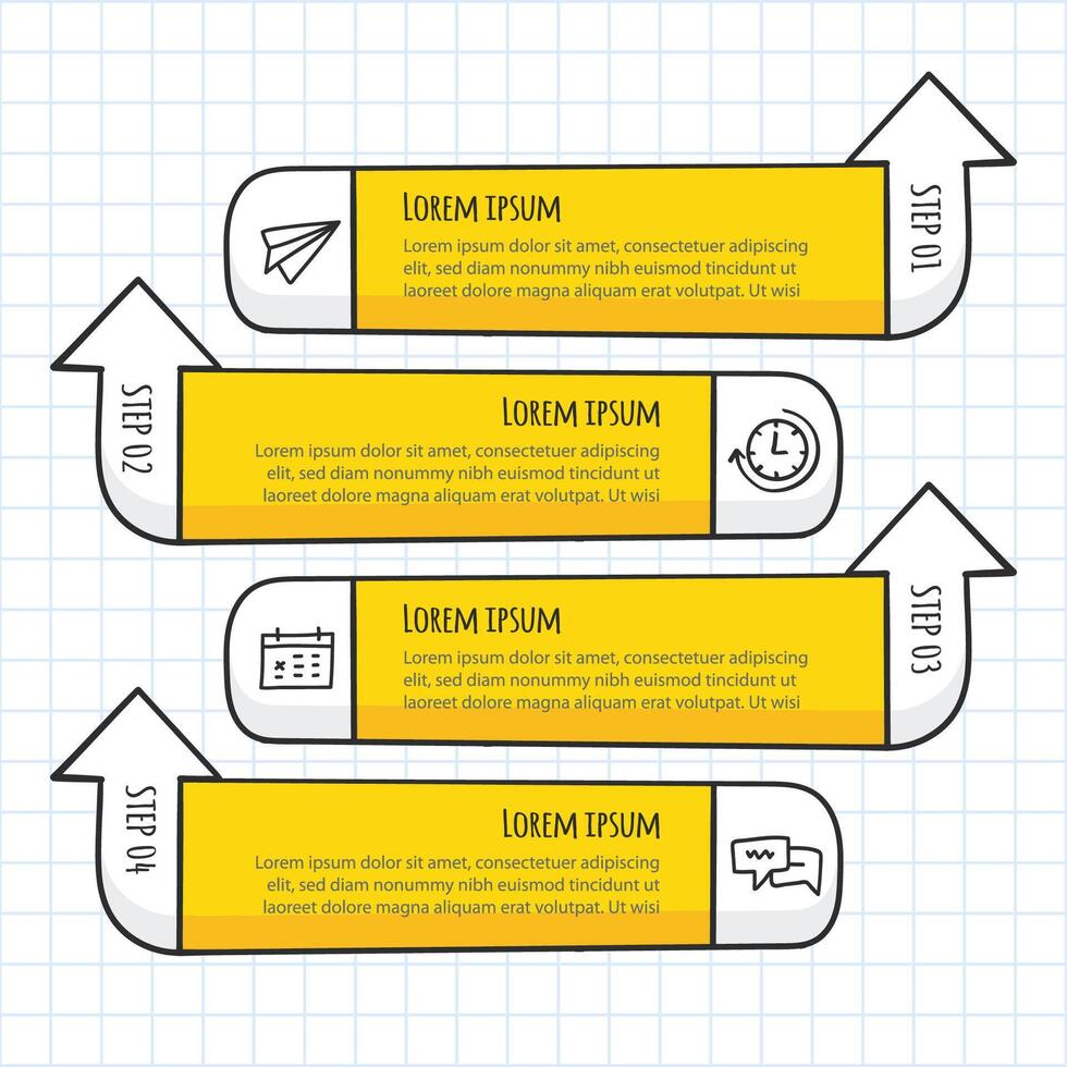 Unique infographic design showcasing a step-by-step process with numbered sections in bold colors on grid background vector