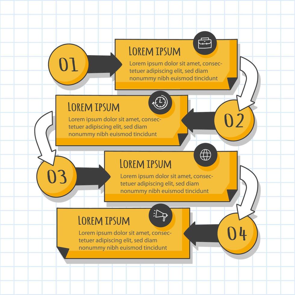Unique infographic design showcasing a step-by-step process with numbered sections in bold colors on grid background vector