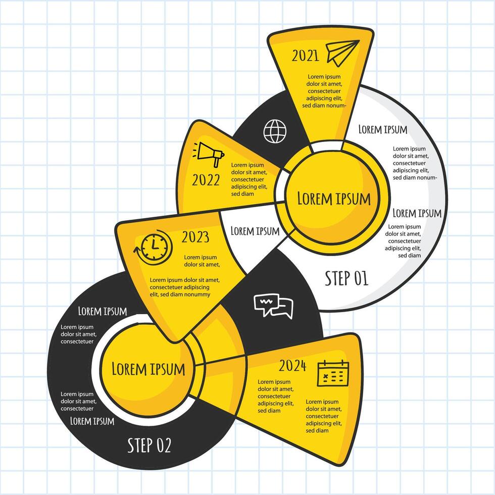 Creative infographic design showcasing a timeline from 2021 to 2024 with steps and illustrations vector