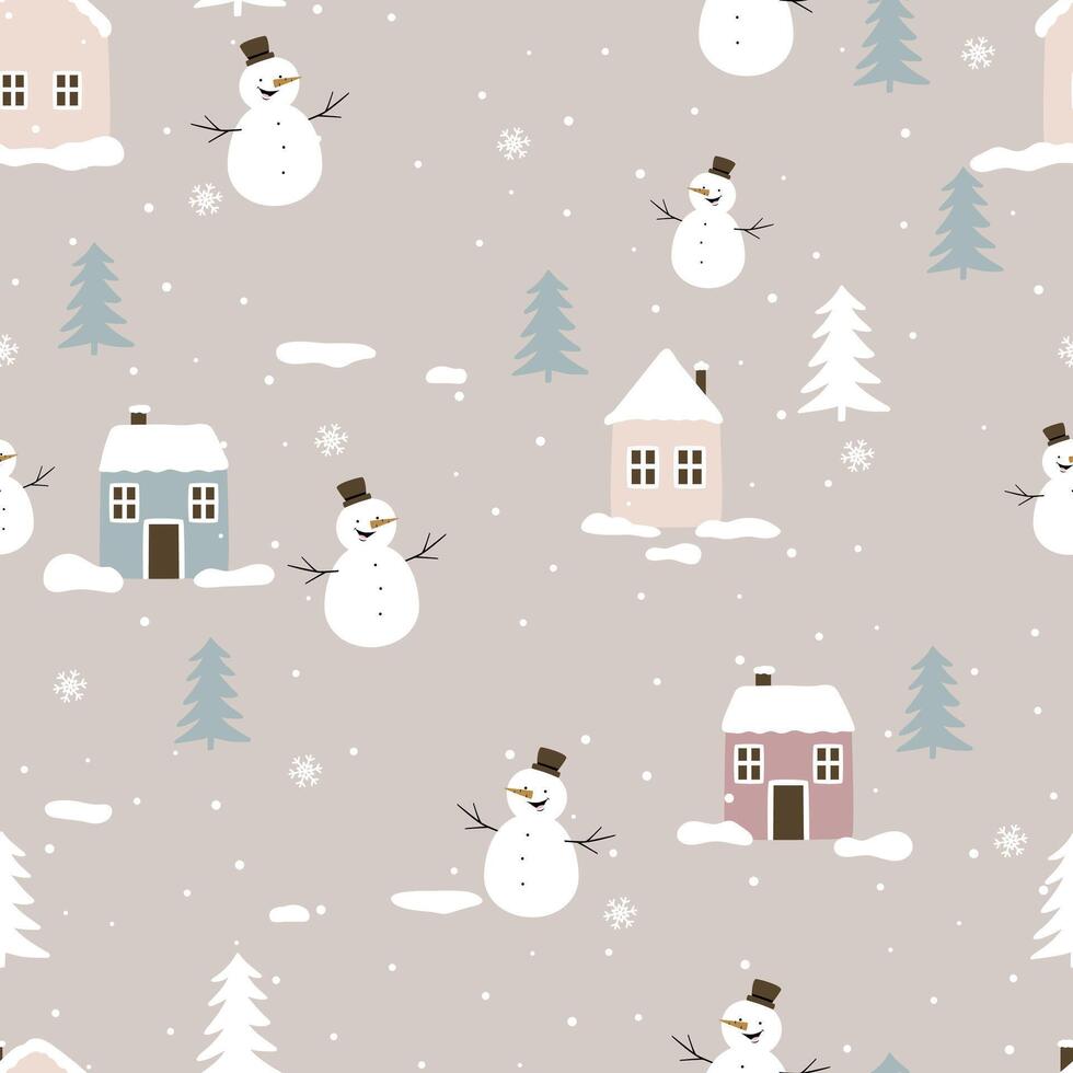 Seamless pattern with snowy woodhouse, snowman and tree. Hand drawn winter forest landscape. vector