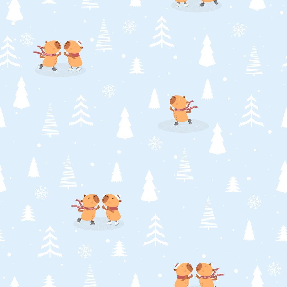 Seamless pattern with moose, Christmas tree and snow. Hand drawn winter forest landscape. vector