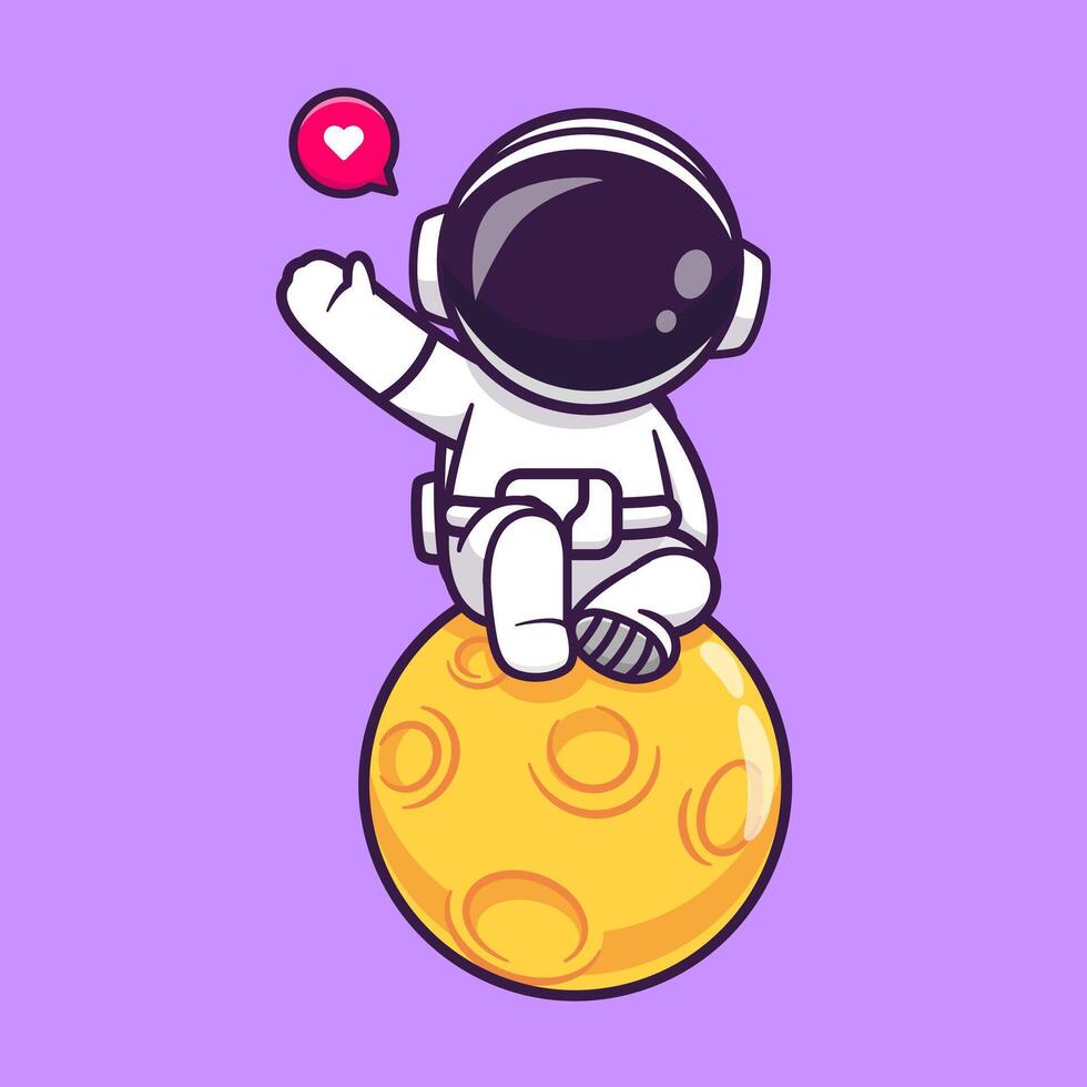 Cute Astronaut Sitting On Moon And Waving Hand Cartoon vector