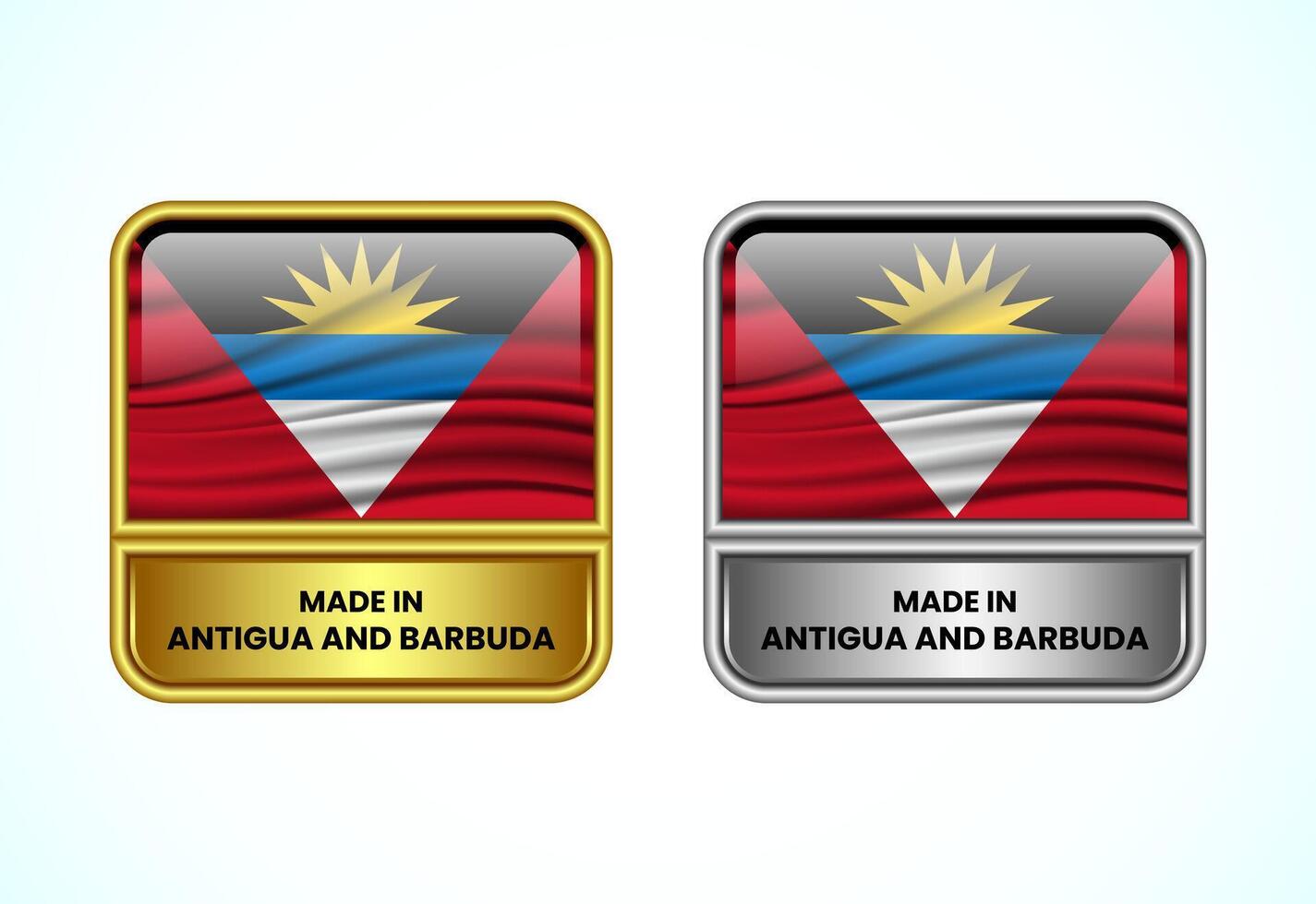 Made in Antigua and Barbuda label icon in gold and silver color. Flag icon set for business vector