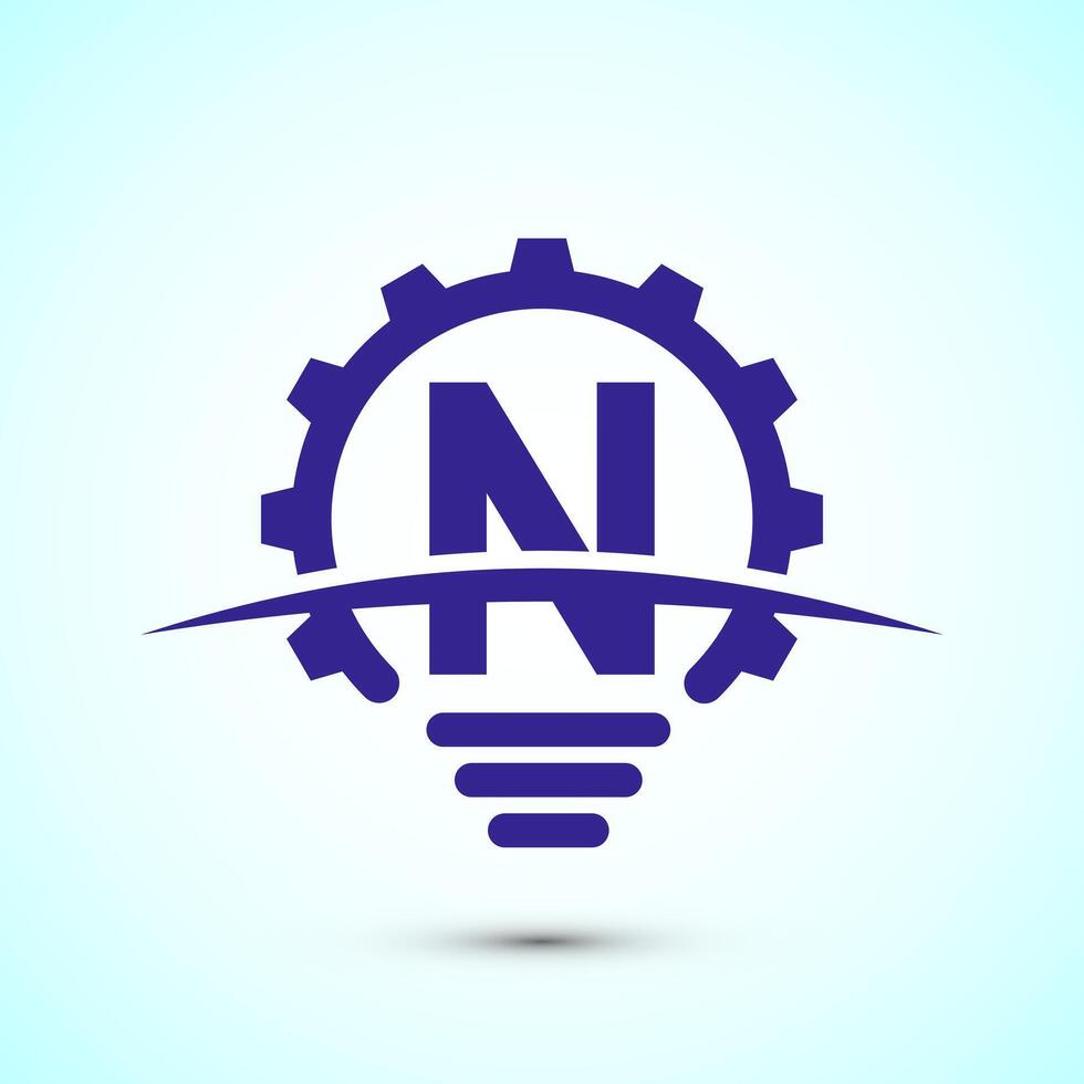English alphabet N with electric bulb and gear sign. Creative idea logo concept vector
