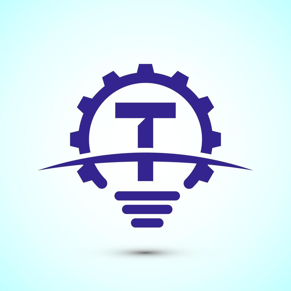 English alphabet T with electric bulb and gear sign. Creative idea logo concept vector