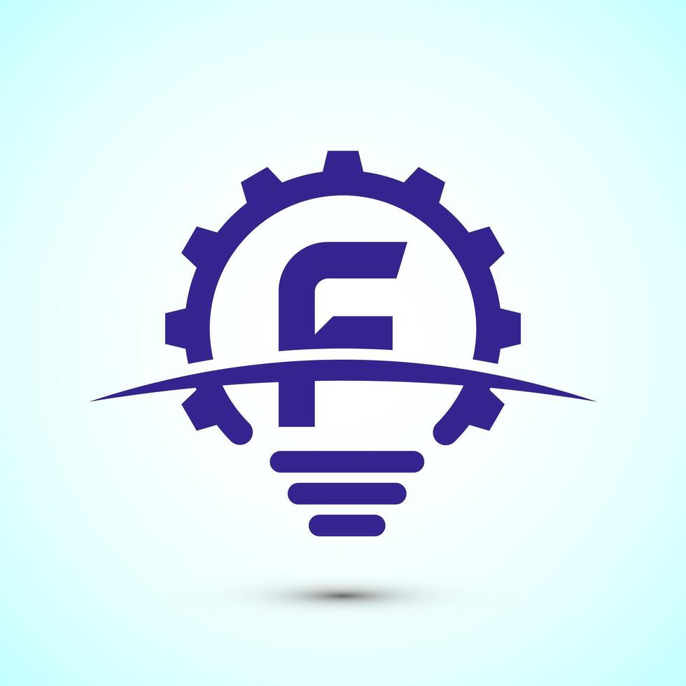 English alphabet F with electric bulb and gear sign. Creative idea logo concept vector