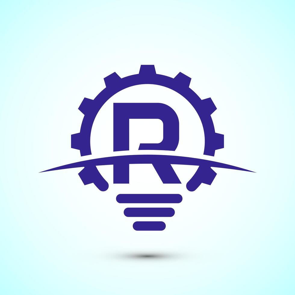 English alphabet R with electric bulb and gear sign. Creative idea logo concept vector