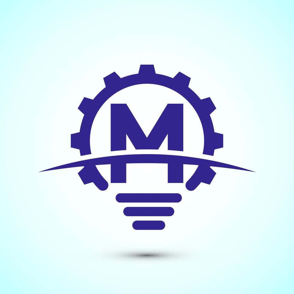 English alphabet M with electric bulb and gear sign. Creative idea logo concept vector