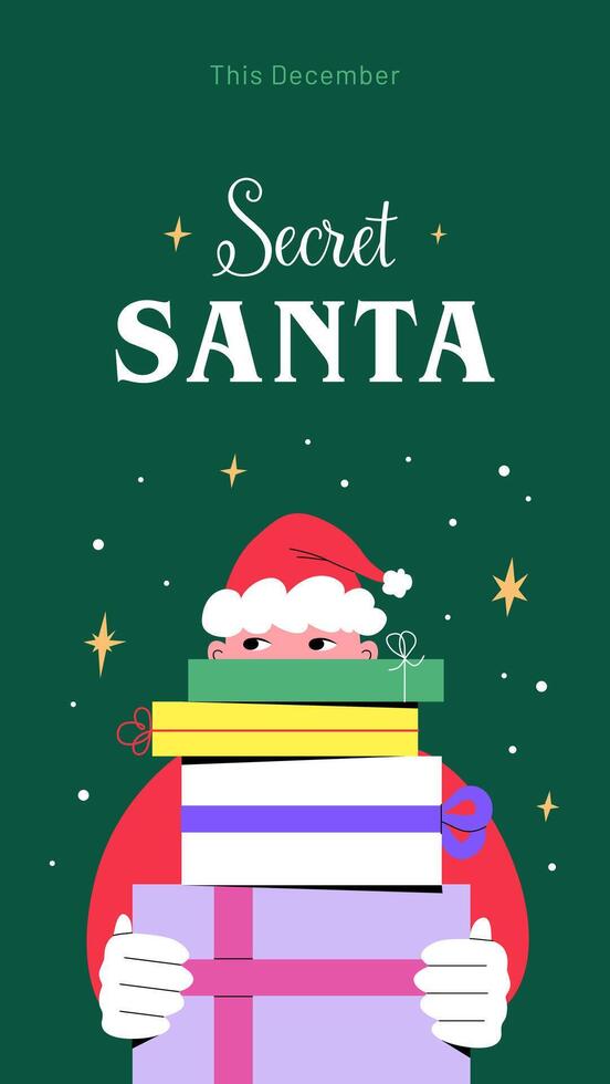 Festive social media story design for Secret Santa gift exchange. Mischievous Santa peeking out from behind a stack of brightly colored Christmas presents on green background vector