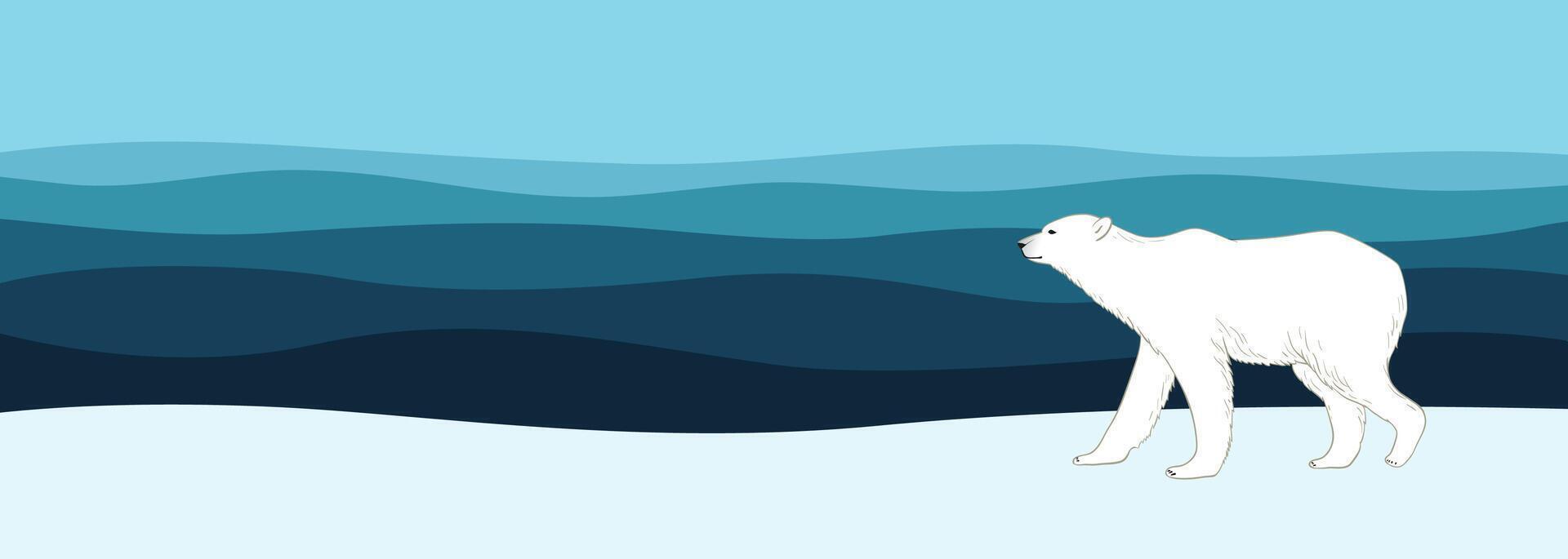 Polar bear illustration on blue wavy background. Arctic seascape for horizontal banner or flyer design. Arctic winter scene with white bear walking on the ice vector