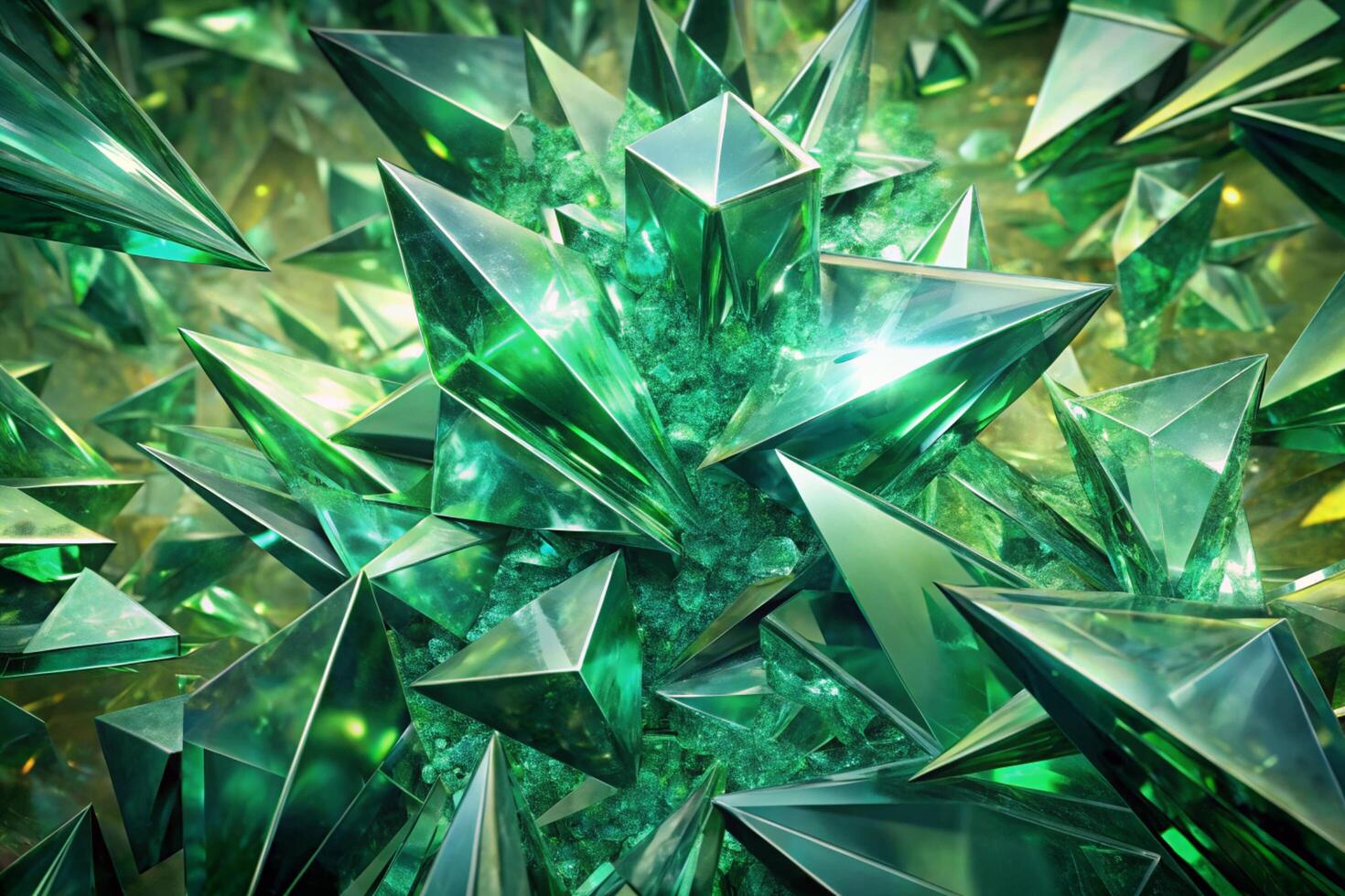 Vibrant Green Crystal Fractals Abstract Design Wallpaper Background with Geometric Shapes and Light Effects photo