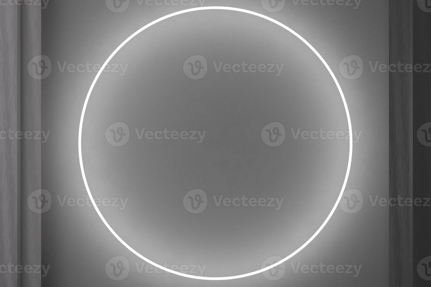 Abstract industrial-style concrete background with modern circular white neon light accent. Sleek and contemporary design perfect for minimalist and industrial themes. Copy space in the middle. 3D. photo