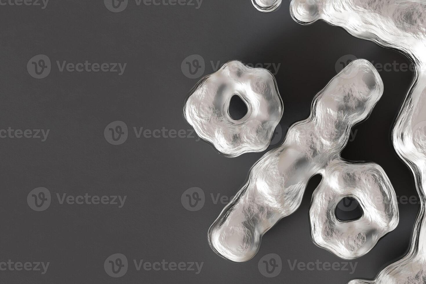 Modern 3D rendering of chrome percentage symbol on dark textured background. Glossy, reflective design emphasizes elegance and minimalism, perfect for advertising, discounts, promotional campaign. photo
