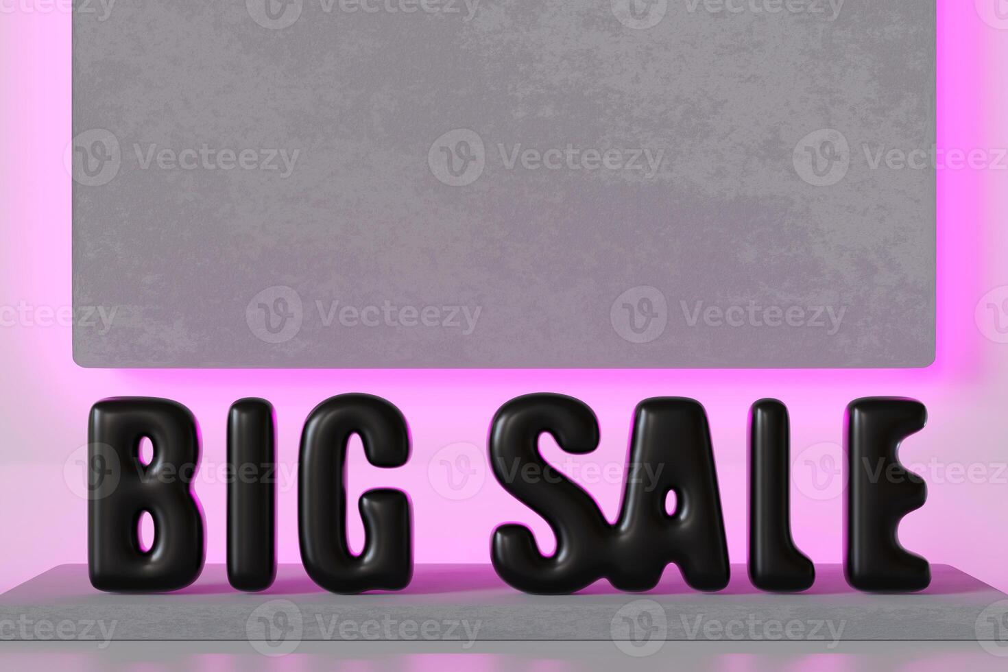Modern BIG SALE text in bold black letters with sleek 3D design, against minimalist gray backdrop illuminated by pink neon lighting. Digital marketing, promotional banner, or e-commerce campaigns. photo