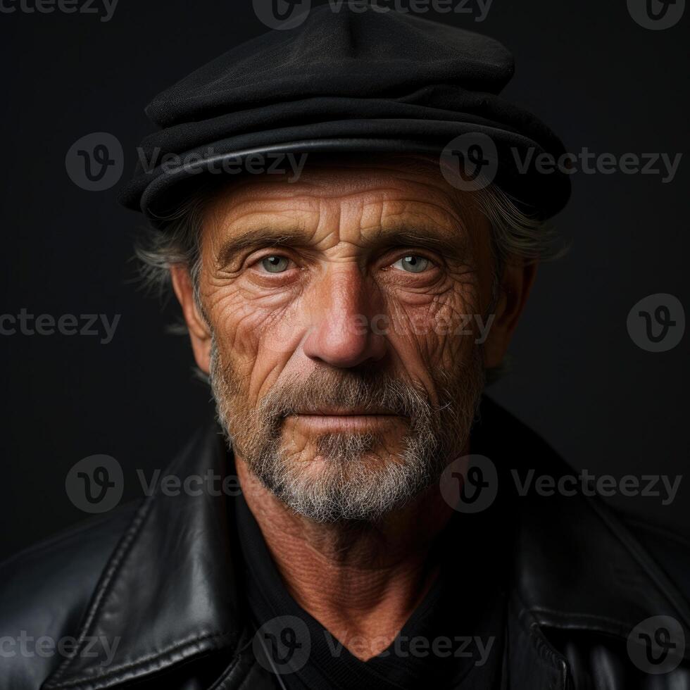 Middle aged man in cap and leather jacket standing against dark backdrop photo