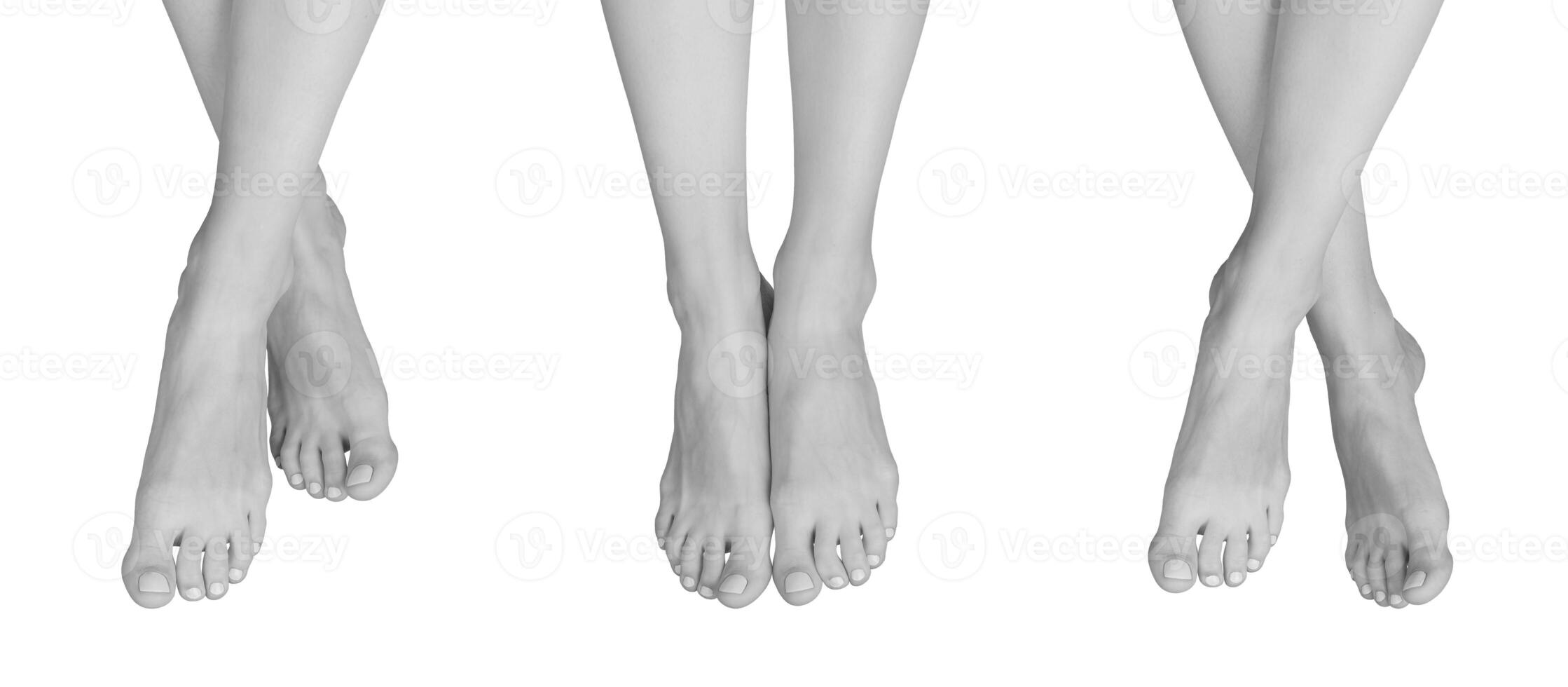 Set of grayscale bare female feet in various positions, including crossed and stretching. Smooth, photo