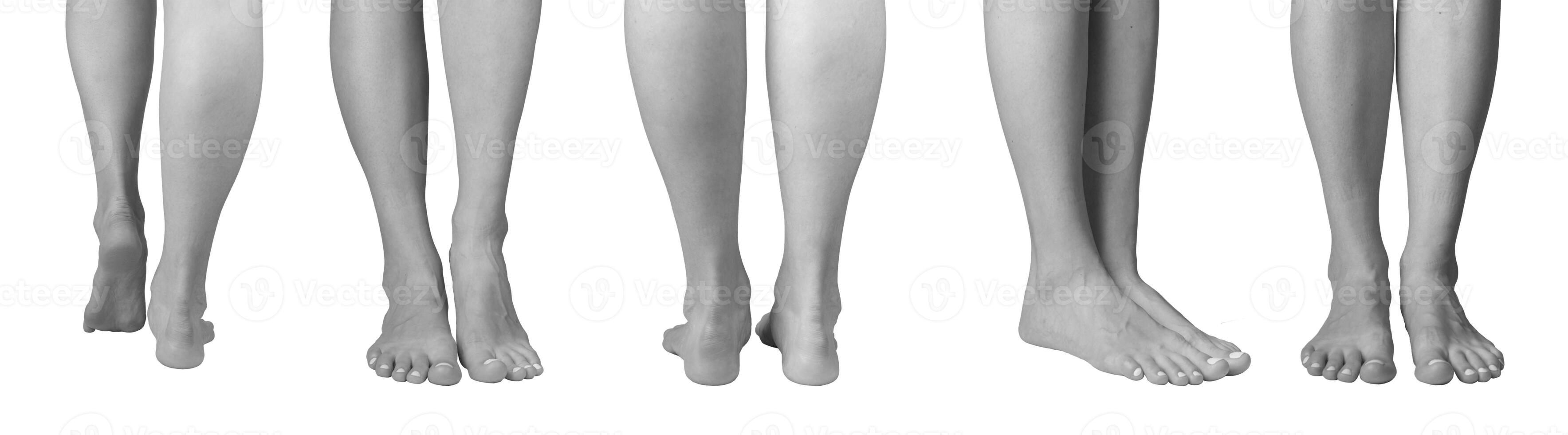 Set of grayscale barefoot female feet in various positions, including standing and walking. Smooth, photo