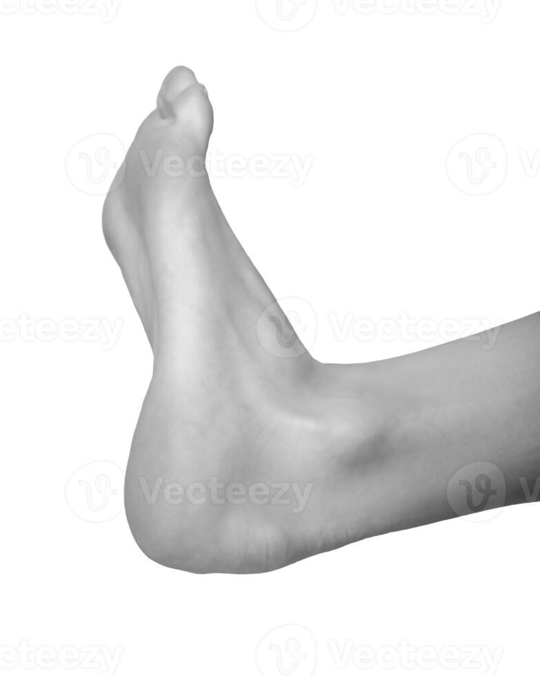 Gray barefoot foot, tensed sole visible from the side. Feminine, smooth skin showcasing health and photo