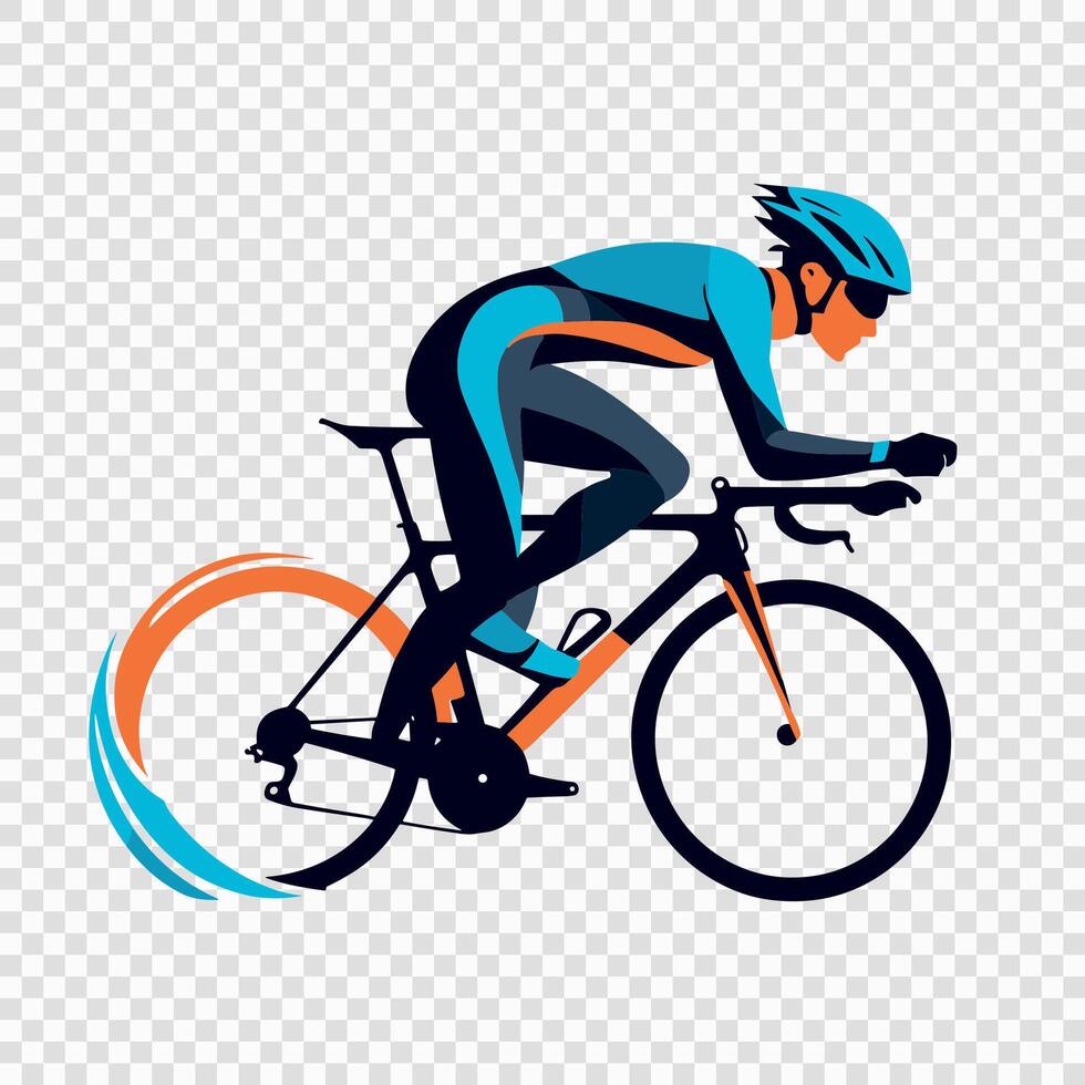 A cyclist in blue and orange uniform, with a helmet and bike vector