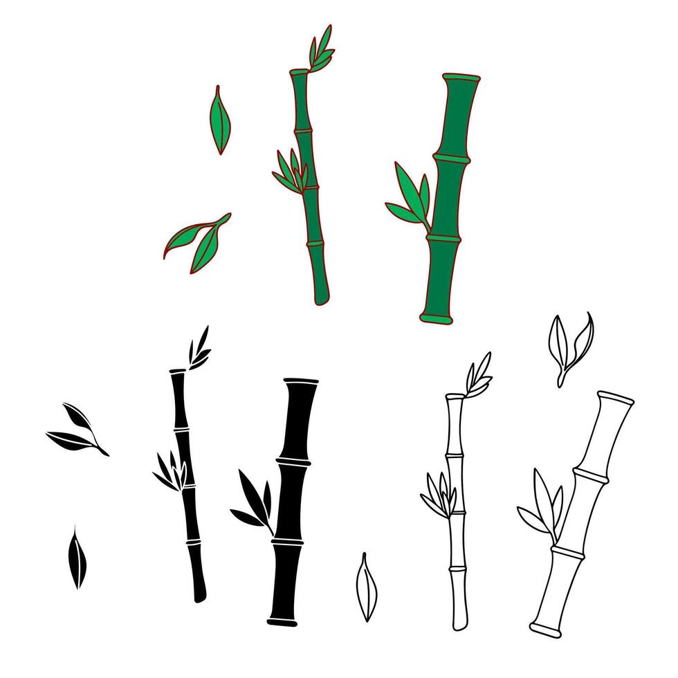 Lucky Bamboo. A set of bamboo sticks with leaves icons. Simple doodle clipart botanical collection. Interior design, flower shops, web, print, stickers, packaging, cards, papers, posters, banners vector