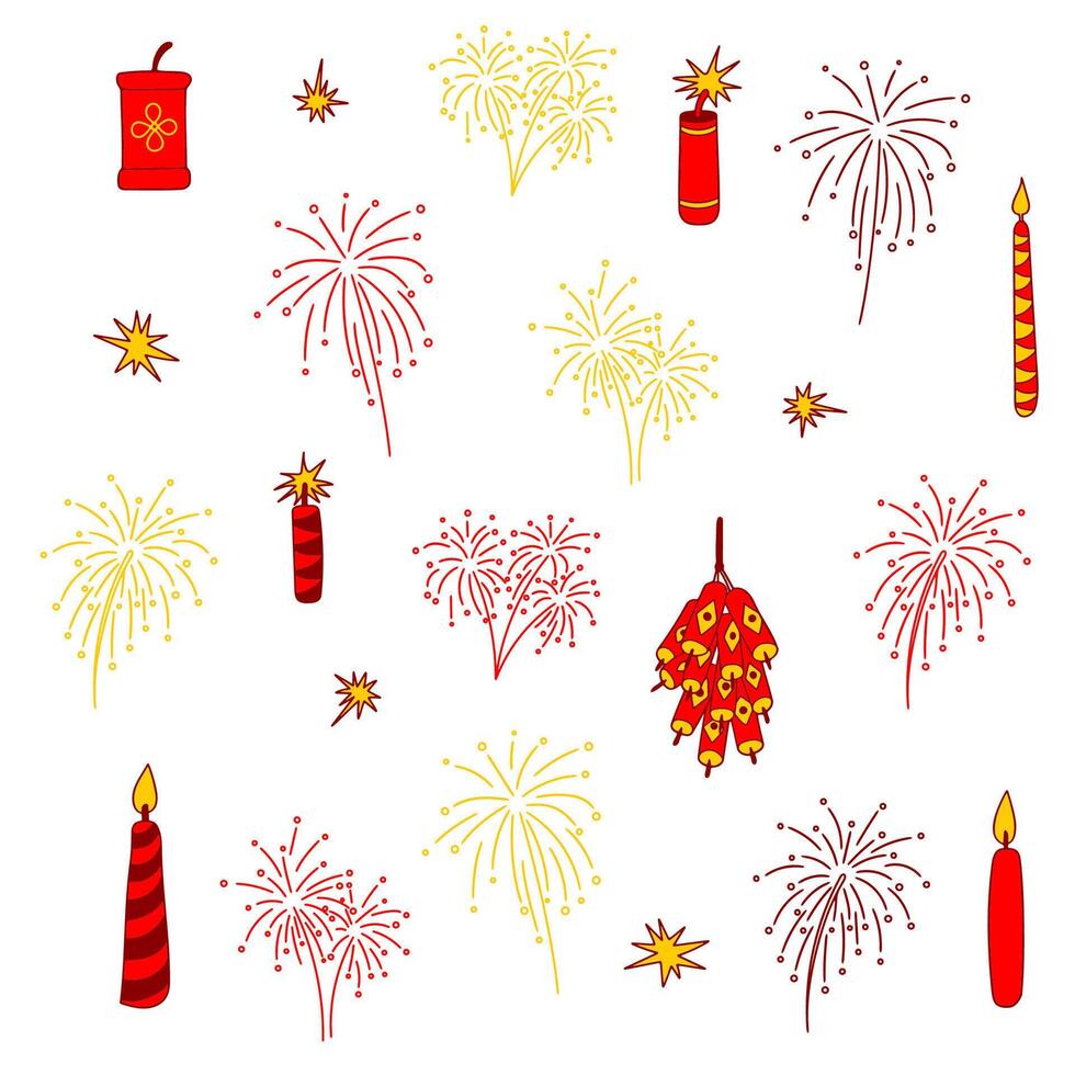 Lunar New Year Clip Art Set. Fireworks, Firecrackers, Candles, simple doodle icon clip art. Red and yellow elements isolated on a white background. Greeting cards, print, web, digital design elements vector