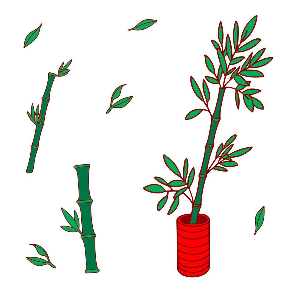 Bamboo Icon Set. Various bamboo elements, sprouts and leaves. Simple flat color designs. Interior design, flower shop banners, stickers, lunar new year decor, logos, web, digital design elements vector