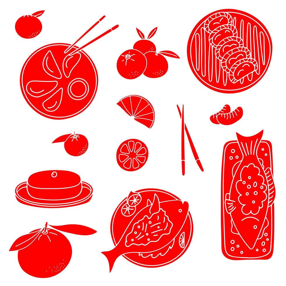 Traditional Chinese New Year Food. Fish Yu, dumplings Jau gok, Jiaozi, rice cake Niangao, mandarin oranges. Solid red silhouettes isolated on a white background. Web, digital design, cards vector
