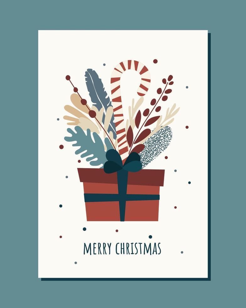winter card with one red gift christmas box with flowers on beige background. vintage graphic art for xmas greetings vector