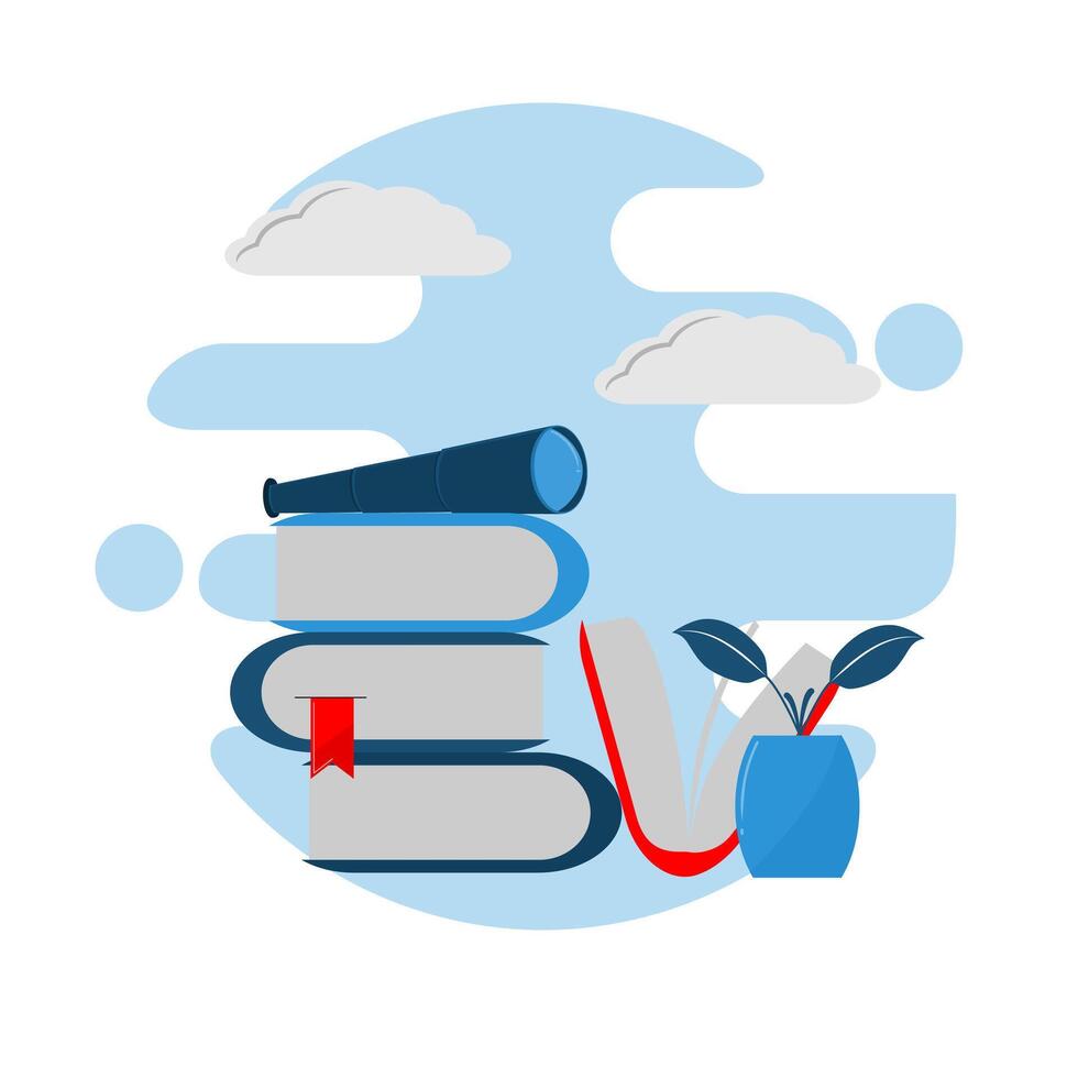 Books and a book with a telescope on top vector