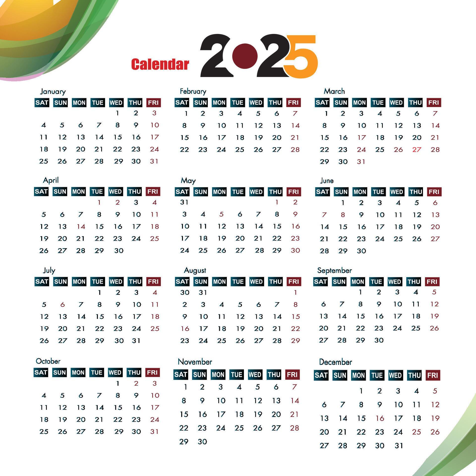 Calendar 2025 Date started at Sunday 53107550 Vector Art at Vecteezy