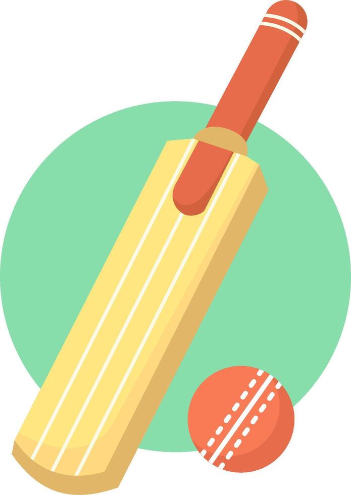 A illustration of a cricket bat and ball, designed in a simple cartoon style. The bat and ball are isolated with a green circular background, symbolizing the sport of cricket. vector