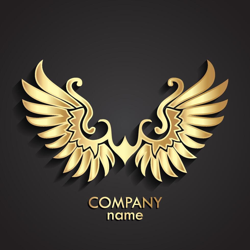 3d gold ornamental wings symbol, shiny metal logo vector
